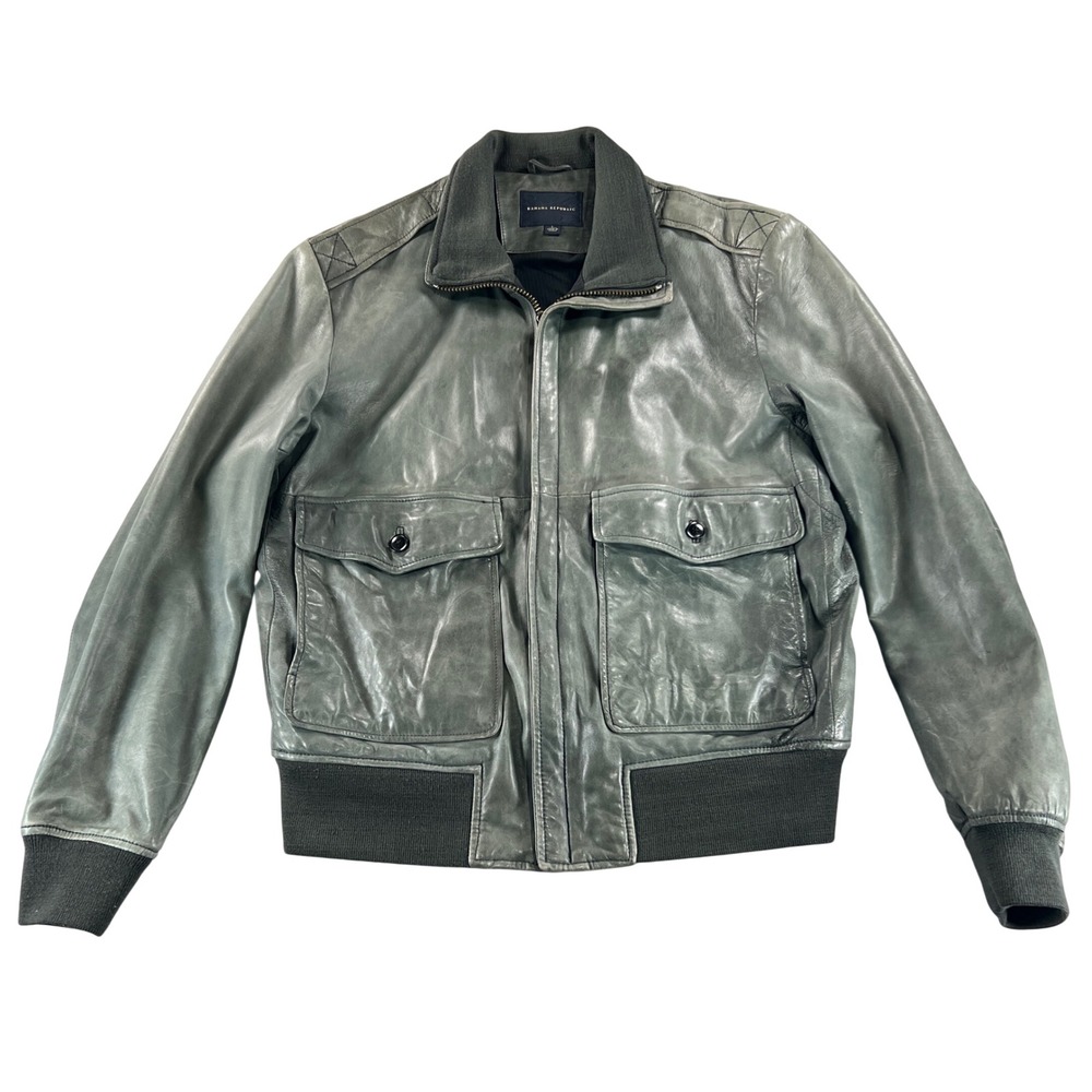 Banana Republic Leather Bomber Jacket Mens L Gray Blue Distressed Flight Y2K